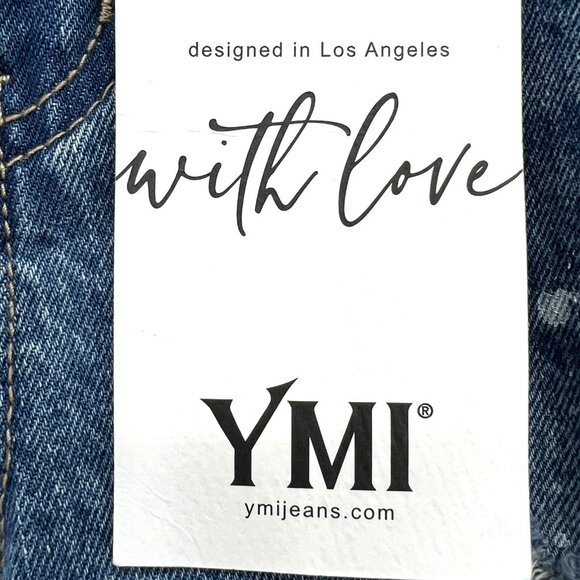 YMI Women's Distressed Splatter Paint Raw Hem Stretch  Blue Denim Jeans Size 5 - Picture 11 of 12